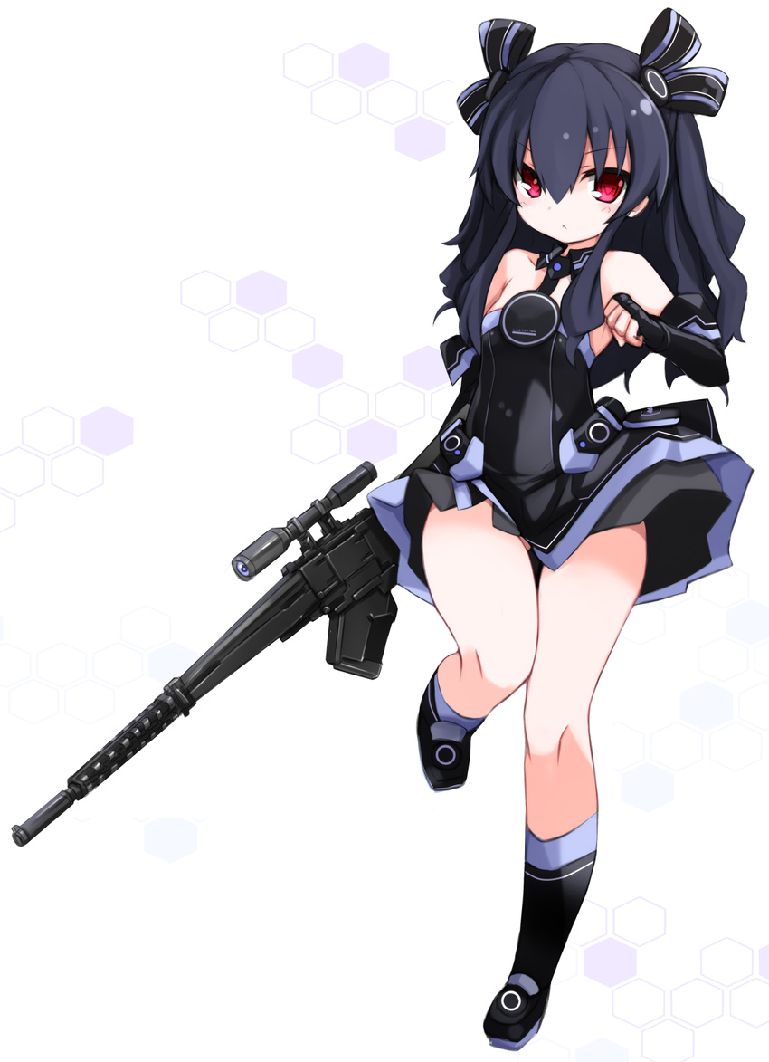 :&lt; ass_visible_through_thighs bangs bare_legs bare_shoulders black_dress black_footwear black_gloves black_hair black_ribbon blush closed_mouth commentary_request dress elbow_gloves eyebrows_visible_through_hair flat_chest full_body gloves gun hair_ornament hair_ribbon hexagon highres holding holding_gun holding_weapon karukan_(monjya) leg_up long_hair looking_at_viewer neptune_(series) red_eyes revision ribbon rifle scope serious sidelocks sleeveless sleeveless_dress smile sniper_rifle solo standing standing_on_one_leg thigh_gap two_side_up uni_(choujigen_game_neptune) v-shaped_eyebrows weapon white_background