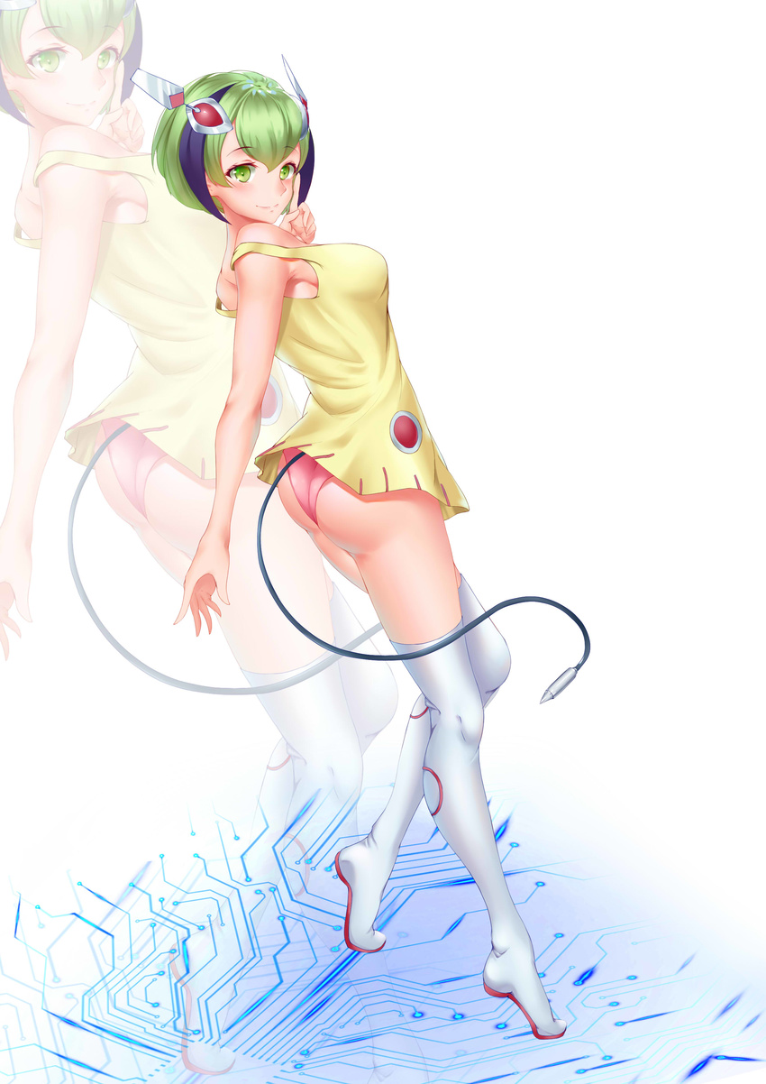 absurdres android ass bare_shoulders black_hair blush boots breasts dimension_w dress green_eyes green_hair headgear highres looking_at_viewer medium_breasts multicolored_hair panties pantyshot qian_bao_liushang short_dress short_hair smile solo streaked_hair tail thigh_boots thighhighs two-tone_hair underwear yurizaki_mira