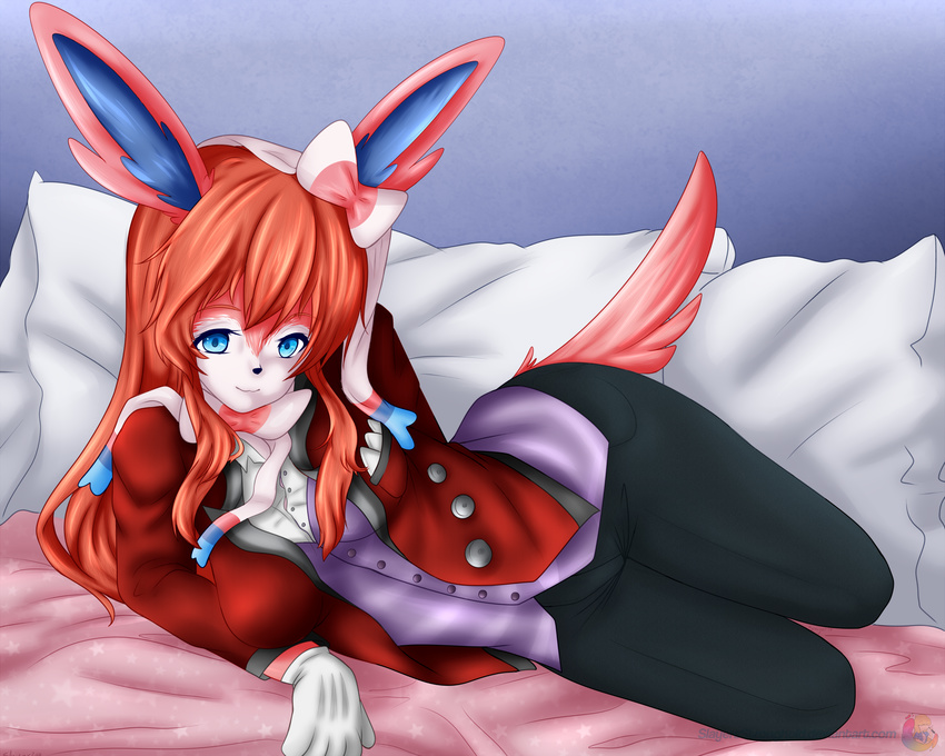 1girl :3 absurdres animal_ears arm_support artist_name bed_sheet black_pants blue_eyes bow breasts female full_body furry gloves half-closed_eyes indoors jacket long_hair long_sleeves looking_at_viewer lying medium_breasts no_humans on_bed on_side pants personification pillow pokemon pokemon_(creature) pokemon_xy purple_shirt red_hair red_jacket shirt signature slayer49 smile solo sylveon tail text watermark web_address white_gloves