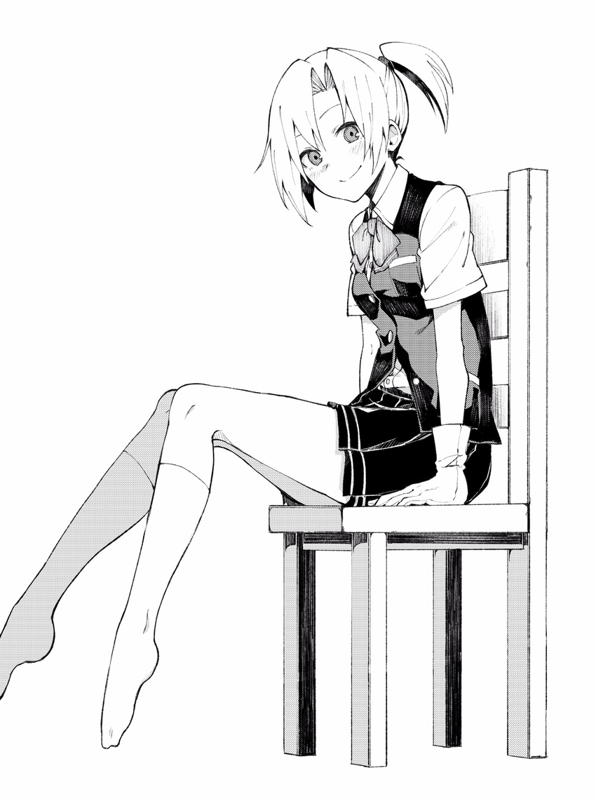 absurdres blouse chair full_body gloves greyscale highres kantai_collection looking_at_viewer maikaze_(kantai_collection) monochrome pleated_skirt ponytail ribbon school_uniform short_hair simple_background sitting skirt smile socks solo tsukamoto_minori vest white_background