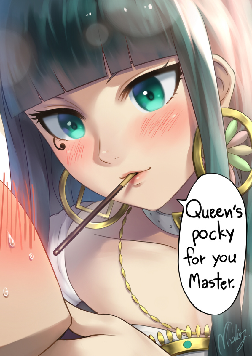 bangs blunt_bangs blush cleopatra_(fate/grand_order) close-up commentary_request earrings embarrassed english eye_contact face fate/grand_order fate_(series) food green_eyes green_hair highres hoop_earrings imminent_kiss jewelry lips long_hair looking_at_another mouth_hold natsuyu necklace out_of_frame pocky pocky_day pocky_kiss shared_food signature solo_focus speech_bubble sweatdrop