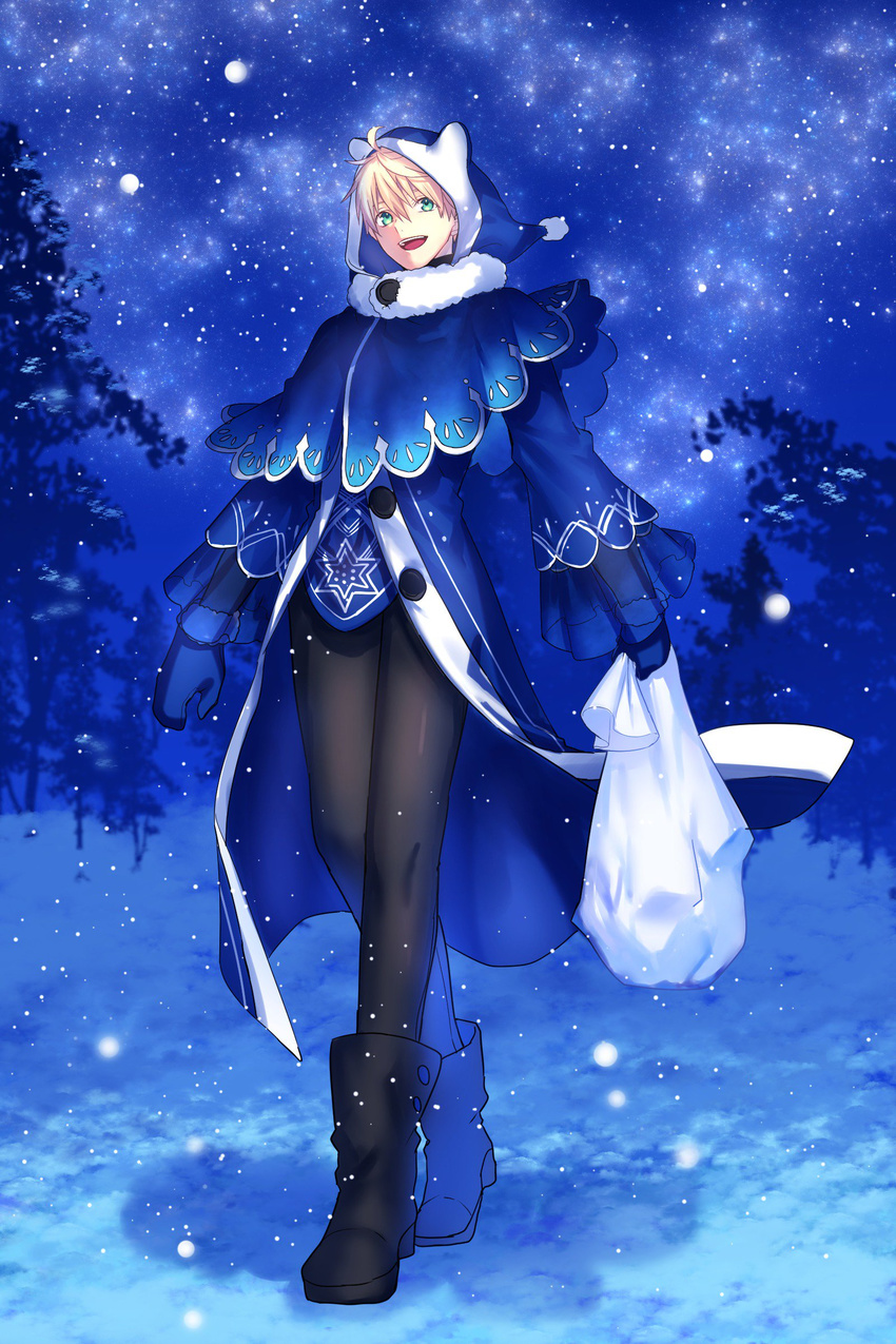 absurdres alternate_costume arthur_pendragon_(fate) black_legwear blonde_hair blue_coat blue_gloves boots capelet commentary fate/grand_order fate/prototype fate_(series) forest gloves green_eyes highres looking_at_viewer male_focus nature official_style open_mouth pantyhose sack santa_costume seseragi_azuma smile snow snowflake_print solo