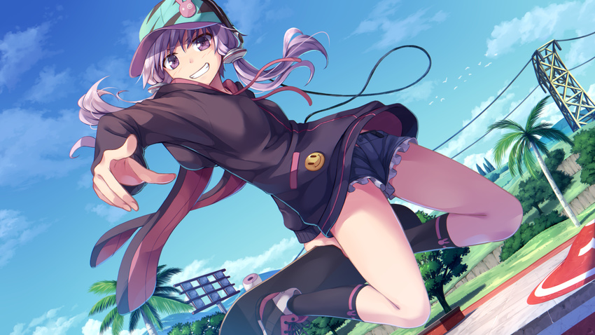 :d animal_hood badge bangs baseball_cap black_footwear black_legwear black_shorts blue_sky button_badge cloud day drawstring dutch_angle field flask_(pandora) floodlights foreshortening frilled_shorts frills grass grin hair_tubes hat headphones highres hood hood_down hoodie kneehighs long_hair long_sleeves midair open_fly open_mouth outdoors palm_tree pointing pointing_at_viewer power_lines purple_eyes purple_hair shoes short_hair_with_long_locks short_shorts shorts skate_3 skateboard skateboarding sky smile smiley_face sneakers solo tareme teeth tree vocaloid voiceroid yuzuki_yukari