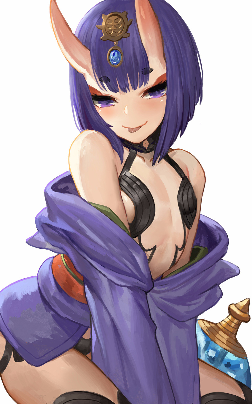 :p absurdres akizone bangs blush bob_cut bottle commentary cowboy_shot eyebrows_visible_through_hair eyelashes fate/grand_order fate_(series) flat_chest gem hair_ornament highres horns japanese_clothes kimono leaning_forward looking_at_viewer obi off_shoulder oni oni_horns purple_eyes purple_hair revealing_clothes sash short_hair shuten_douji_(fate/grand_order) simple_background smile solo tongue tongue_out v_arms white_background wide_sleeves