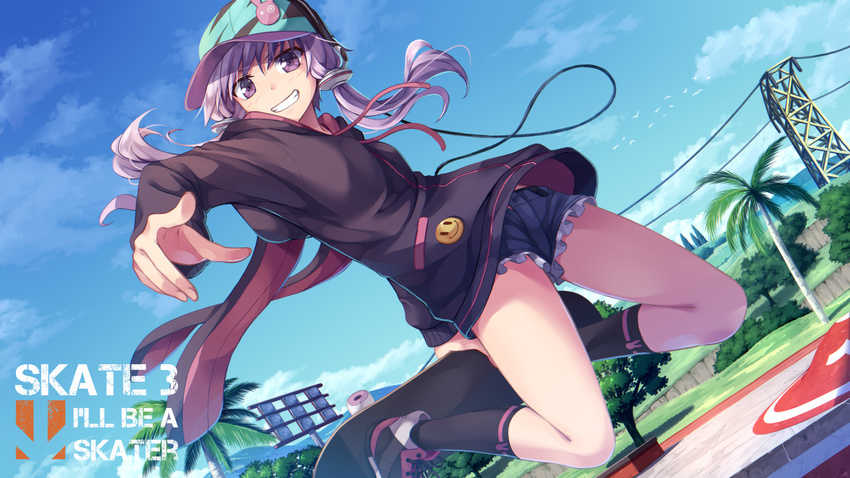 :d animal_hood badge bangs baseball_cap black_footwear black_legwear black_shorts blue_sky button_badge cloud day drawstring dutch_angle english field flask_(pandora) floodlights foreshortening frilled_shorts frills grass grin hair_tubes hat headphones highres hood hood_down hoodie kneehighs long_hair long_sleeves midair open_fly open_mouth outdoors palm_tree pointing pointing_at_viewer power_lines purple_eyes purple_hair shoes short_hair_with_long_locks short_shorts shorts skate_3 skateboard skateboarding sky smile smiley_face sneakers solo tareme teeth tree vocaloid voiceroid yuzuki_yukari