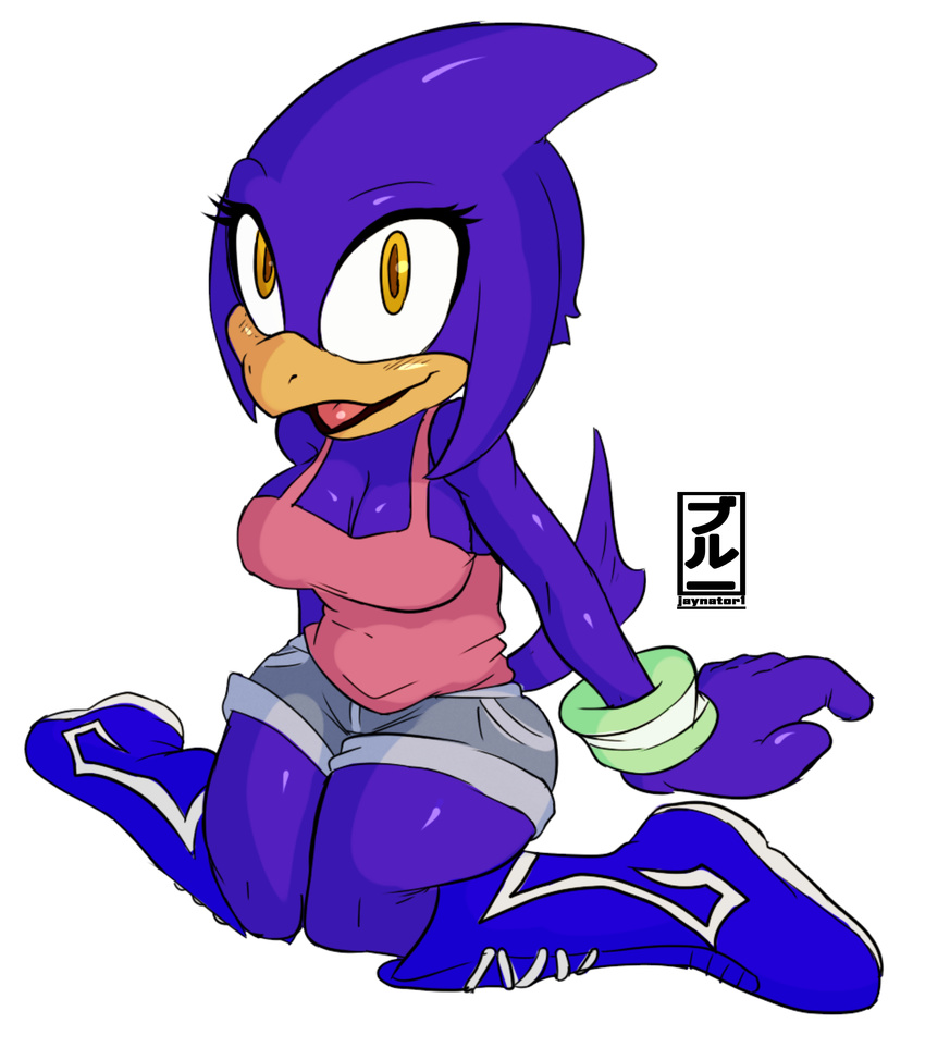 2017 avian breasts clothing fan_character female jaynatorburudragon ryse_the_blue_jay sitting solo sonic_forces tongue