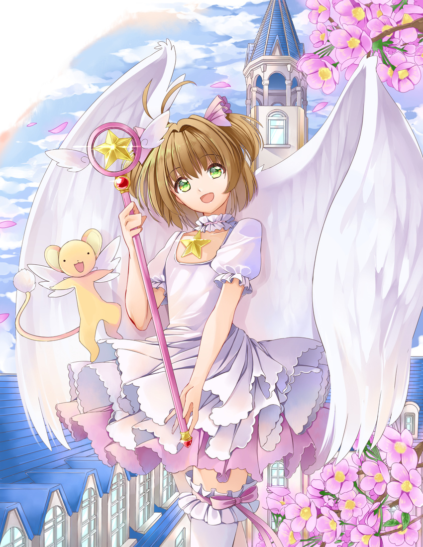 :d antenna_hair brown_hair cardcaptor_sakura cherry_blossoms choker cloud cloudy_sky collarbone cowboy_shot day dress eyebrows_visible_through_hair feathered_wings flower garters green_eyes hair_ornament head_tilt highres holding holding_staff hoshi_no_tsue jewelry kero kinomoto_sakura layered_dress looking_at_viewer necklace open_mouth outdoors petals pink_flower pleated_dress puffy_short_sleeves puffy_sleeves short_dress short_hair short_sleeves short_twintails sky smile staff star star_necklace thighhighs twintails two_side_up white_dress white_legwear white_wings wings yuutarou_(fukiiincho)