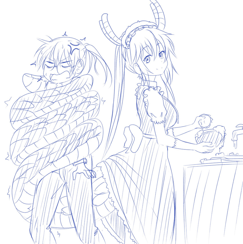 :o anger_vein blue dragon_tail drawfag gloves highres horns kobayashi-san_chi_no_maidragon kobayashi_(maidragon) long_hair maid monochrome multiple_girls ponytail prehensile_tail sink sketch standing tail tail_wrap tooru_(maidragon) trapped washing_dishes yuri