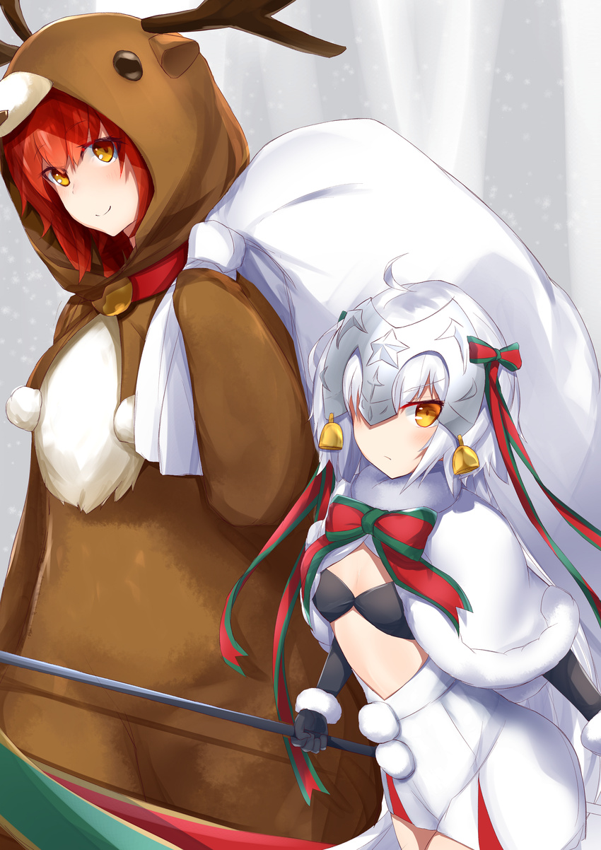 absurdres ahoge animal_costume bangs bell bikini_top black_gloves blush bow bowtie breasts capelet cleavage cowboy_shot elbow_gloves eyebrows_visible_through_hair fate/grand_order fate_(series) fujimaru_ritsuka_(female) fur_trim gloves hair_bow headpiece highres holding holding_weapon jeanne_d'arc_(fate)_(all) jeanne_d'arc_alter_santa_lily leaning_forward long_hair looking_at_viewer multiple_girls nanakaku polearm pom_pom_(clothes) red_hair reindeer_costume ribbon sack skirt small_breasts smile snowing star very_long_hair weapon white_hair yellow_eyes