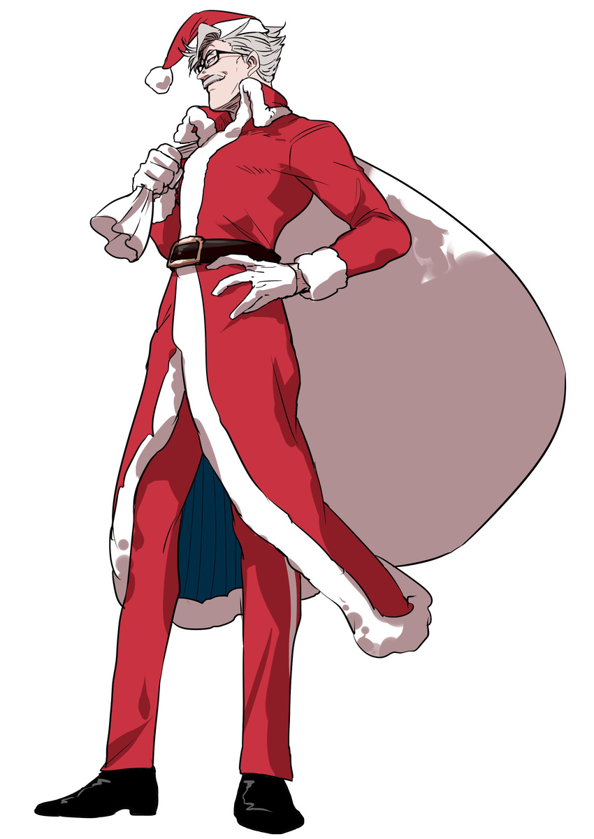 absurdres carrying_over_shoulder facial_hair fate/grand_order fate_(series) full_body fur_trim glasses hand_on_hip hat highres james_moriarty_(fate/grand_order) male_focus mustache nippar sack santa_costume santa_hat simple_background smile solo white_background