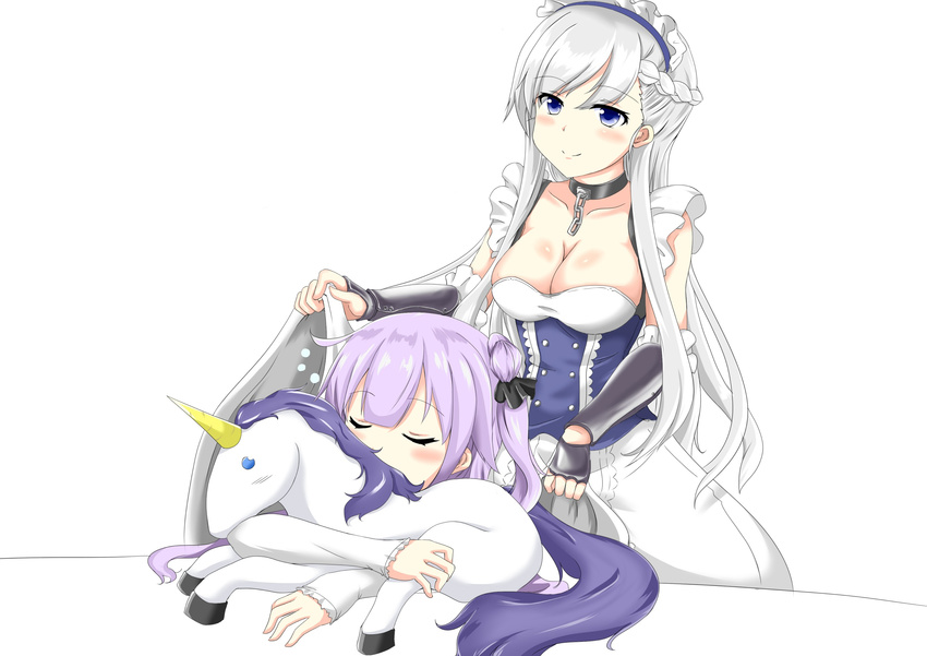 ahoge ainna_(kekai) azur_lane belfast_(azur_lane) braid breasts chain cleavage collar collarbone commentary covering_with_blanket french_braid gauntlets hair_bun highres holding large_breasts long_hair maid maid_headdress multiple_girls one_side_up purple_eyes purple_hair side_bun silver_hair simple_background sleeping smile stuffed_alicorn stuffed_animal stuffed_toy under_covers unicorn_(azur_lane)