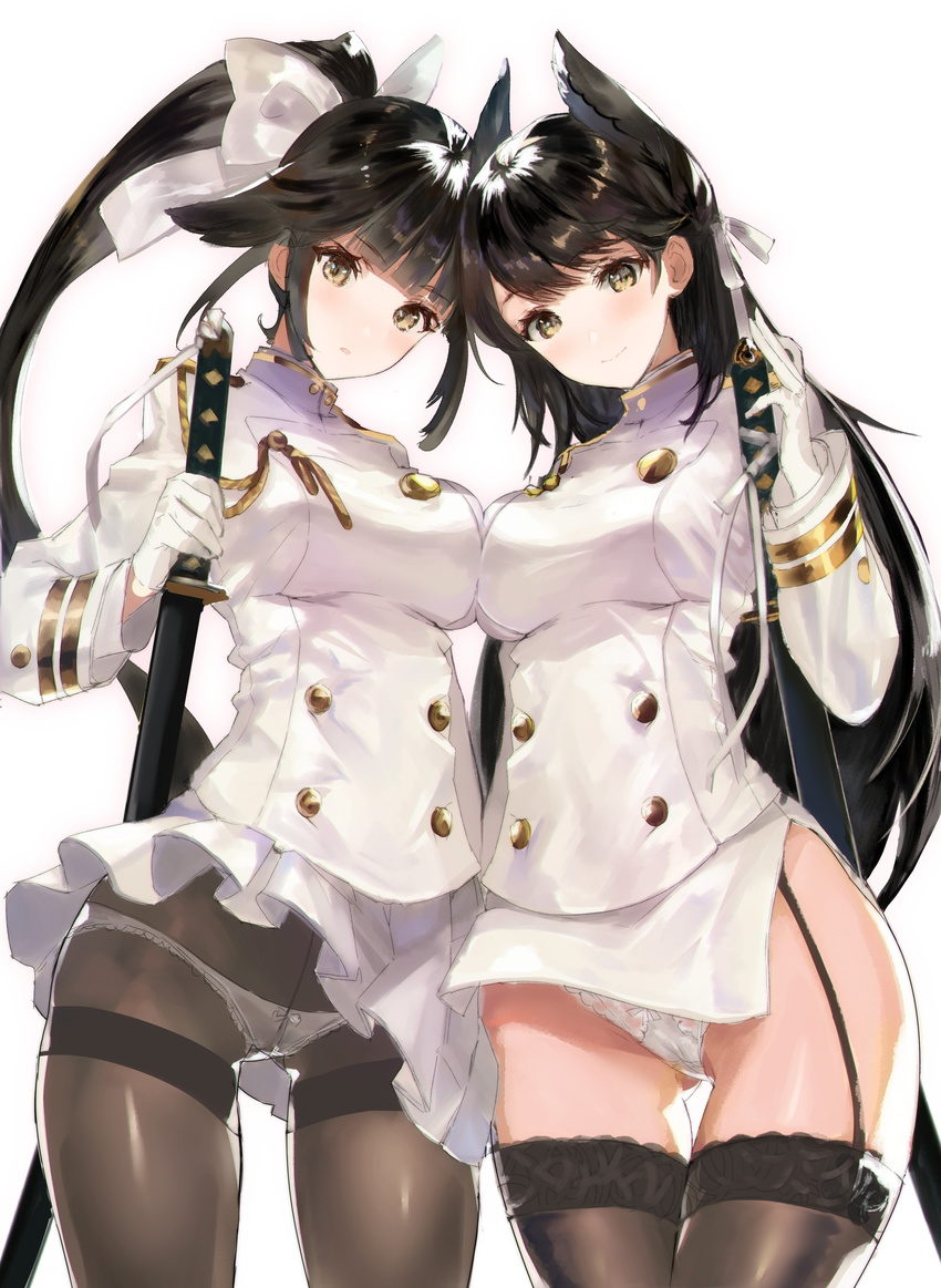 absurdres aiguillette animal_ears ass_visible_through_thighs asymmetrical_docking atago_(azur_lane) azur_lane bangs black_hair black_legwear blunt_bangs blush breast_press breasts closed_mouth crotch_seam double-breasted eyebrows_visible_through_hair garter_straps gloves highres hitaki_yuu large_breasts long_sleeves looking_at_viewer military military_uniform miniskirt multiple_girls panties panties_under_pantyhose pantyhose pantyshot pantyshot_(standing) parted_lips pleated_skirt ponytail sheath sheathed shiny shiny_hair side_slit sidelocks simple_background skirt smile standing sword takao_(azur_lane) thighband_pantyhose thighs underwear uniform upskirt weapon white_background white_gloves white_skirt yellow_eyes