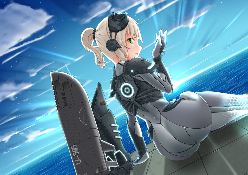 ass blonde_hair bodysuit boots_removed commentary_request from_behind greaves green_eyes headgear highres lux_(pixiv4480548) machinery nova_(starcraft) ocean outdoors pauldrons ponytail sitting solo starcraft u-505_(zhan_jian_shao_nyu) visor wetsuit zhan_jian_shao_nyu