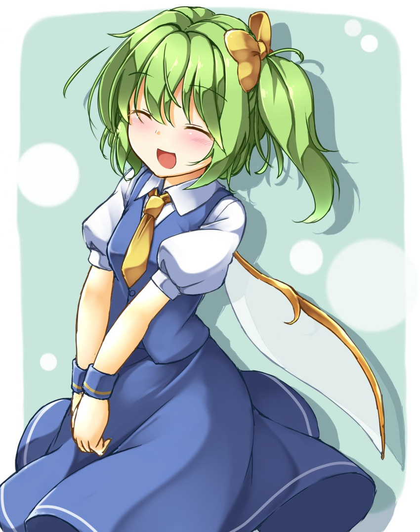 1girl aka_tawashi bangs blue_skirt blue_vest blush bow collared_shirt cowboy_shot daiyousei eyebrows_visible_through_hair eyes_closed fairy_wings green_hair hair_bow highres necktie open_mouth puffy_short_sleeves puffy_sleeves shirt short_hair short_sleeves side_ponytail simple_background skirt skirt_set smile solo touhou v_arms vest white_shirt wings wristband yellow_bow yellow_neckwear