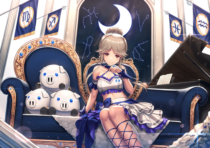absurdres aquarius aquarius_(constellation) bare_shoulders blue_bow bow brown_eyes brown_hair choker closed_mouth commentary constellation couch crescent_moon crop_top cross cuffs eyebrows_visible_through_hair frills hair_bun highres huge_filesize idolmaster idolmaster_million_live! idolmaster_million_live!_theater_days indoors instrument jewelry legs long_hair looking_at_viewer mazeru_(oekaki1210) midriff moon night night_sky piano pisces pisces_(constellation) sagittarius sagittarius_(constellation) sheet_music skirt sky smile star stuffed_animal stuffed_pig stuffed_toy tenkuubashi_tomoka virgo virgo_(constellation) white_skirt window zodiac