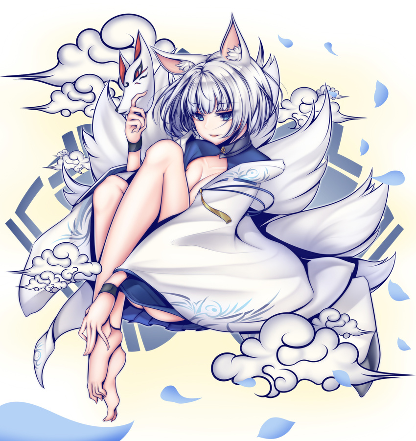 absurdres animal_ears azur_lane bangs bare_legs barefoot blue_eyes blue_skirt breasts cleavage cleavage_cutout cloud eyebrows_visible_through_hair fox_ears fox_mask fox_tail full_body highres holding holding_mask kaga_(azur_lane) knees_up large_breasts long_sleeves looking_at_viewer mask multiple_tails parted_lips plantar_flexion pleated_skirt short_hair silver_hair skirt smile solo tail tetsu_(excalibur920) toe_scrunch wide_sleeves wristband