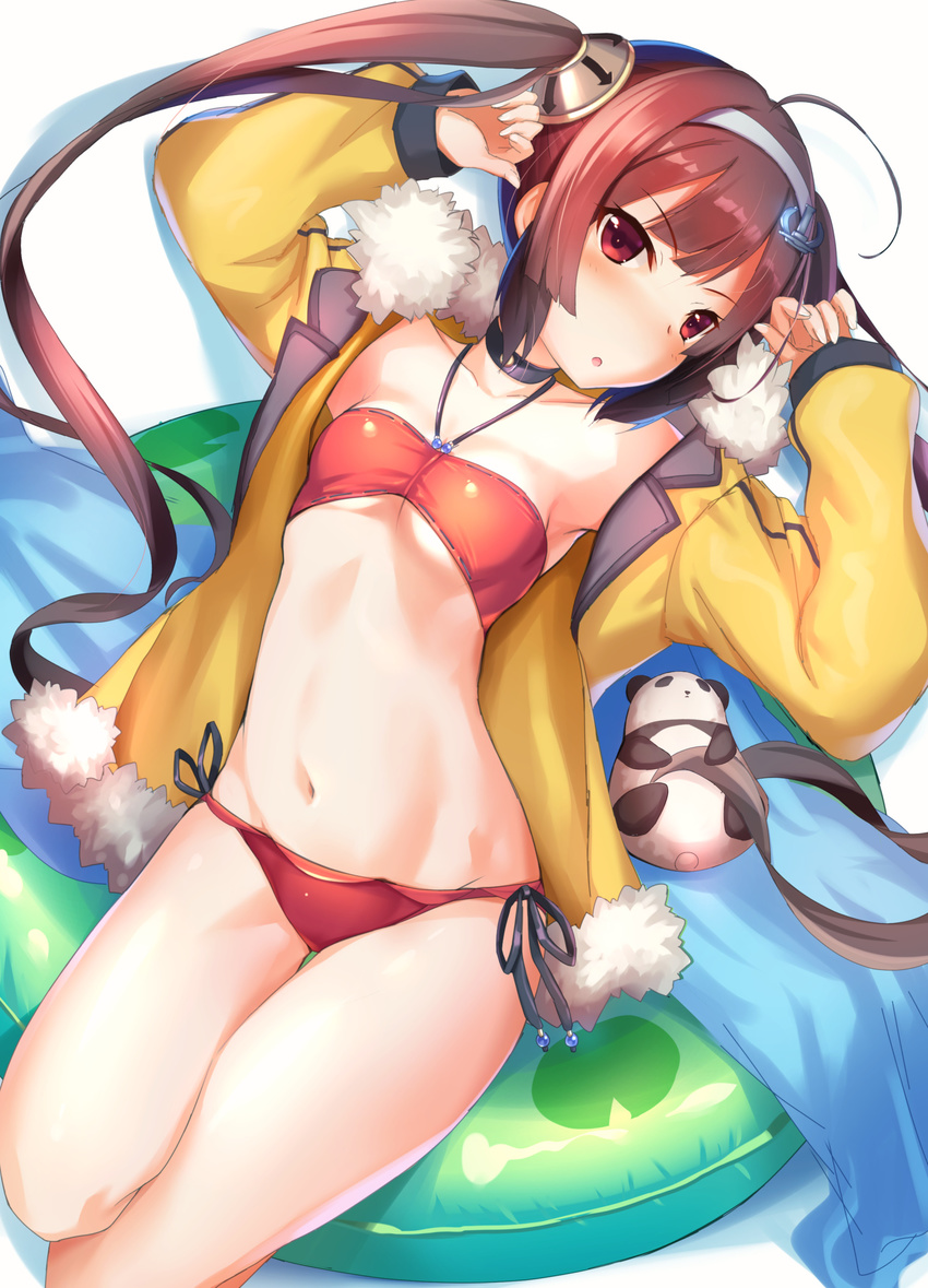 :o absurdres ahoge azur_lane bandeau bangs bikini blush breasts brown_hair collarbone commentary_request dobunezumi green_innertube hairband highres innertube jacket long_hair looking_at_viewer navel open_clothes open_jacket panda parted_lips ping_hai_(azur_lane) red_bikini red_eyes sidelocks simple_background small_breasts solo swimsuit thighs tsurime twintails white_background