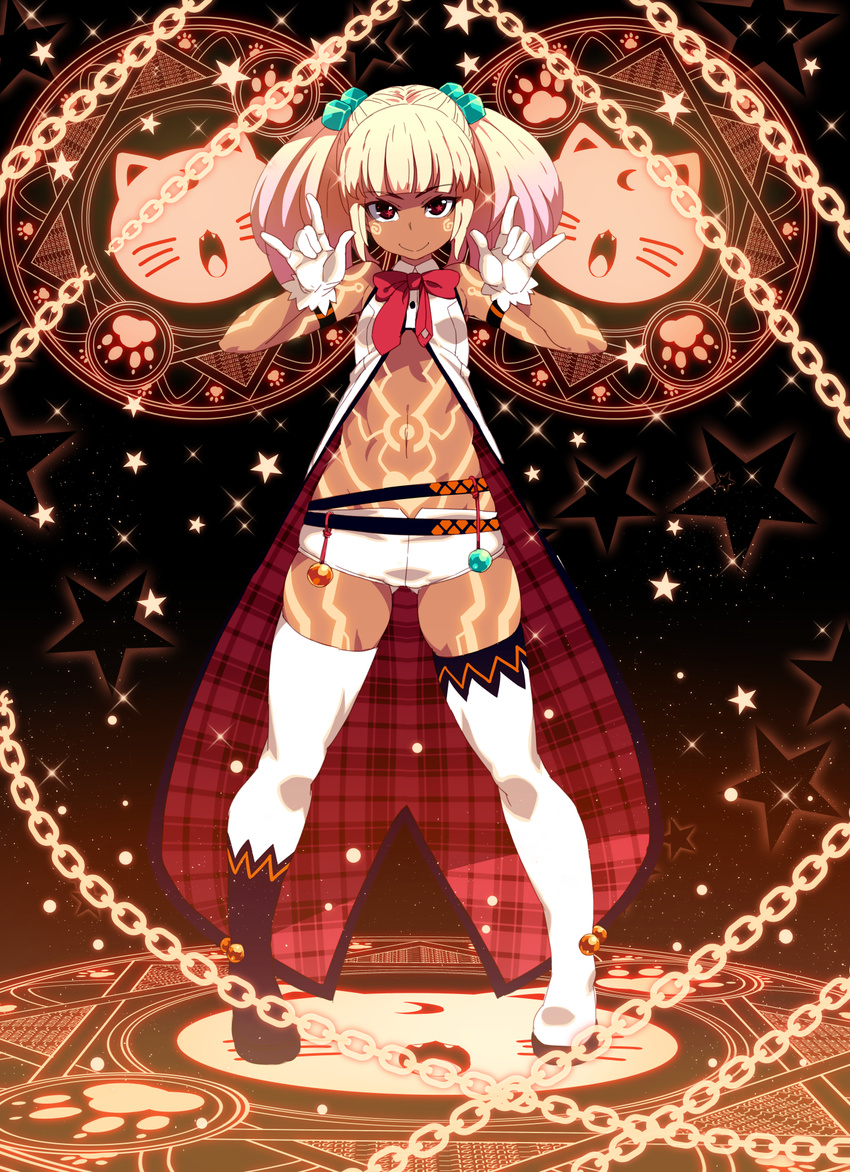 \m/ armband ass_visible_through_thighs asymmetrical_legwear bangs blunt_bangs boots bow bowtie brown_eyes chain closed_mouth coat dark_skin double_\m/ eyebrows_visible_through_hair full_body_tattoo gloves hands_up highres legs_apart looking_at_viewer magic magic_circle original panties pigeon-toed red_neckwear skindentation smile solo standing tasaka_shinnosuke tattoo thigh_boots thighhighs twintails underwear white_gloves white_panties