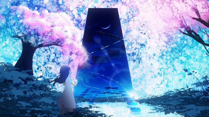 black_hair cherry_blossoms day dress facing_away from_behind grass highres long_hair monolith_(object) original outdoors plant scenery short_sleeves solo standing tree white_dress y_y_(ysk_ygc)