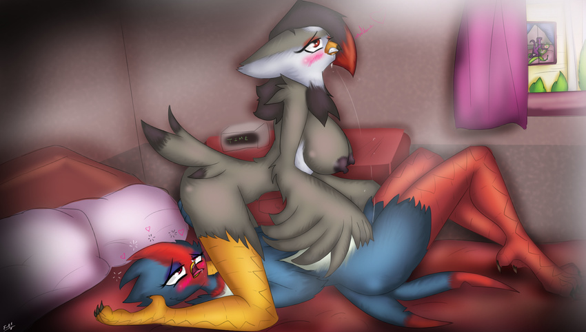 &lt;3 2017 3_toes anisodactyl anthro arbok areola avian barefoot beak bed bird black_feathers black_nipples blue_feathers blush breasts claws dickgirl dickgirl/female digital_media_(artwork) duo e-01 feathered_wings feathers feet female female/female grey_feathers inside intersex intersex/female nintendo nipples nude on_bed open_mouth orgasm pok&eacute;mon pok&eacute;mon_(species) pussy_juice pussy_juice_string red_eyes red_feathers saliva serperior simple_background staraptor swellow toe_claws toes tongue tongue_out video_games white_feathers wings