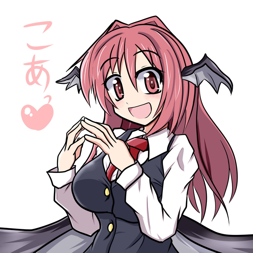 :d absurdres bat_wings blush breasts collared_shirt commentary_request dress_shirt eyebrows_visible_through_hair hands_together head_wings heart highres koa_(phrase) koakuma large_breasts long_hair long_sleeves low_wings mashiki necktie open_mouth red_eyes red_hair red_neckwear shirt simple_background smile solo touhou translated vest white_background white_shirt wings