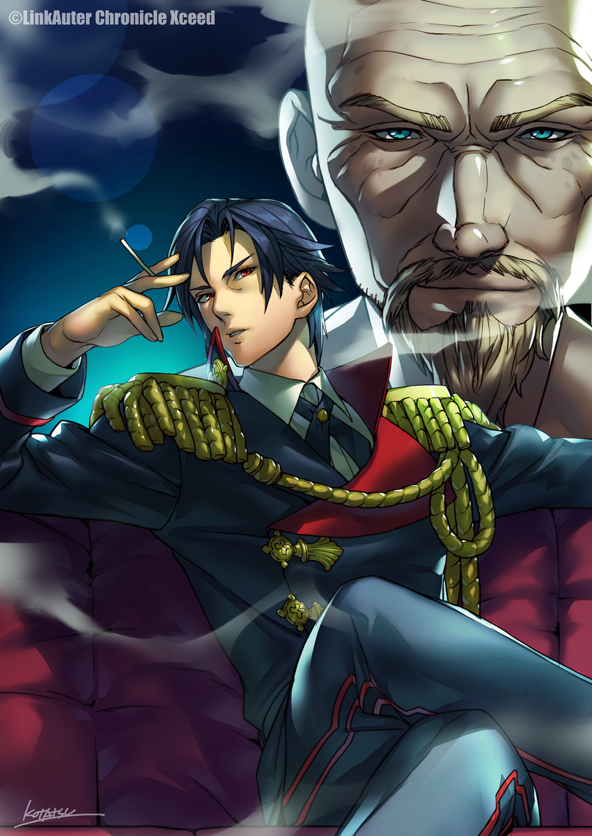 bald blue_eyes blue_hair blue_jacket blue_pants cigarette closed_mouth collared_shirt couch crossed_legs facial_hair hand_up highres holding holding_cigarette jacket kotatsu_(g-rough) linkauter_chronicle_xceed long_sleeves looking_at_viewer military military_uniform multiple_boys mustache official_art pants parted_lips projected_inset red_eyes shirt signature sitting smile smoke smoking uniform white_shirt