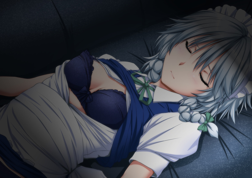 apron arms_at_sides bangs blue_bra blush bow bra braid breasts cleavage closed_eyes closed_mouth collared_shirt commentary_request couch dress eyebrows_visible_through_hair green_bow hair_bow highres izayoi_sakuya long_hair lying maid_headdress neck_ribbon nori_tamago on_back on_couch open_clothes open_dress open_shirt pinafore_dress puffy_short_sleeves puffy_sleeves ribbon shirt short_sleeves silver_hair sleeping small_breasts smile solo touhou twin_braids underwear upper_body waist_apron white_apron white_shirt