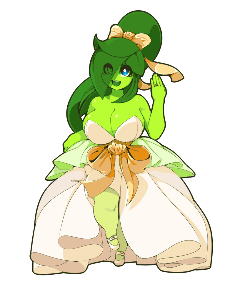 big_breasts blue_eyes breasts cleavage clothed clothing dress female flora_fauna green_hair hair hair_over_eyes huge_breasts not_furry open_mouth plant plantpenetrator prea ring short_stack simple_background solo wedding_dress white_background