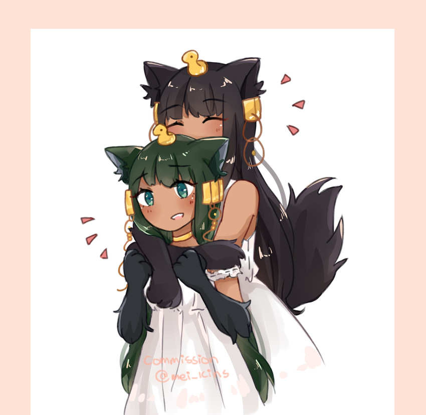 animal_ears anubis_(monster_girl_encyclopedia) bare_shoulders black_hair blue_eyes blush border closed_eyes commentary dark_skin dress eyebrows_visible_through_hair green_hair hair_ornament height_difference highres hug hug_from_behind looking_at_viewer mei_kins monster_girl monster_girl_encyclopedia multiple_girls parted_lips paws pink_border short_sleeves smile snake_hair_ornament standing tail twitter_username white_background white_dress wolf_ears wolf_tail
