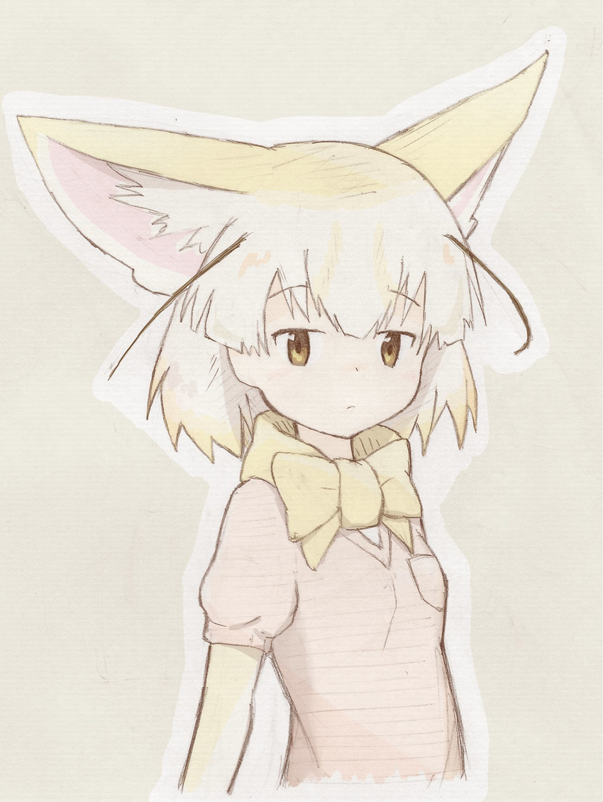 animal_ears blonde_hair bow bowtie breast_pocket brown_eyes extra_ears eyebrows_visible_through_hair fennec_(kemono_friends) fox_ears frown highres kemono_friends looking_at_viewer muted_color pink_sweater pocket short_hair short_sleeve_sweater short_sleeves sketch solo sweater texture traditional_media uepon_(shimo_ponzu) upper_body yellow_neckwear