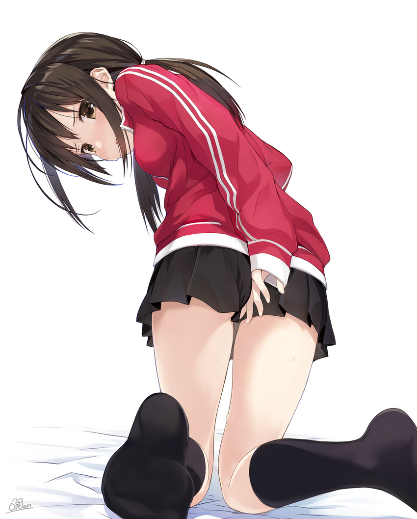 amagai_tarou arm_behind_back artist_name ass bangs bed_sheet black_legwear black_skirt blush breasts brown_eyes brown_hair commentary covering covering_ass eyebrows_visible_through_hair from_behind highres jacket kneehighs kneeling knees_together_feet_apart legs long_hair looking_at_viewer looking_back low_twintails miniskirt no_shoes open_mouth original pleated_skirt red_jacket sidelocks signature simple_background skirt sleeves_past_wrists small_breasts soles solo striped thighs track_jacket twintails vertical_stripes white_background