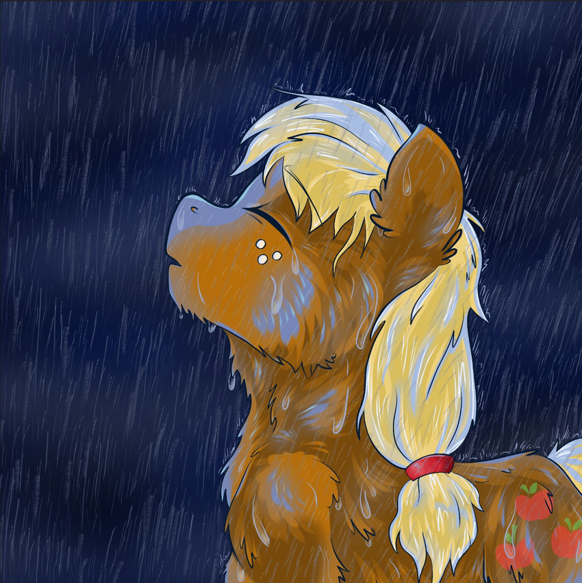 2017 applejack_(mlp) blonde_hair brownbush cutie_mark drawing earth_pony equine eyes_closed female freckles friendship_is_magic fur hair horse mammal my_little_pony open_mouth pony raining simple_background solo solo_focus water wet