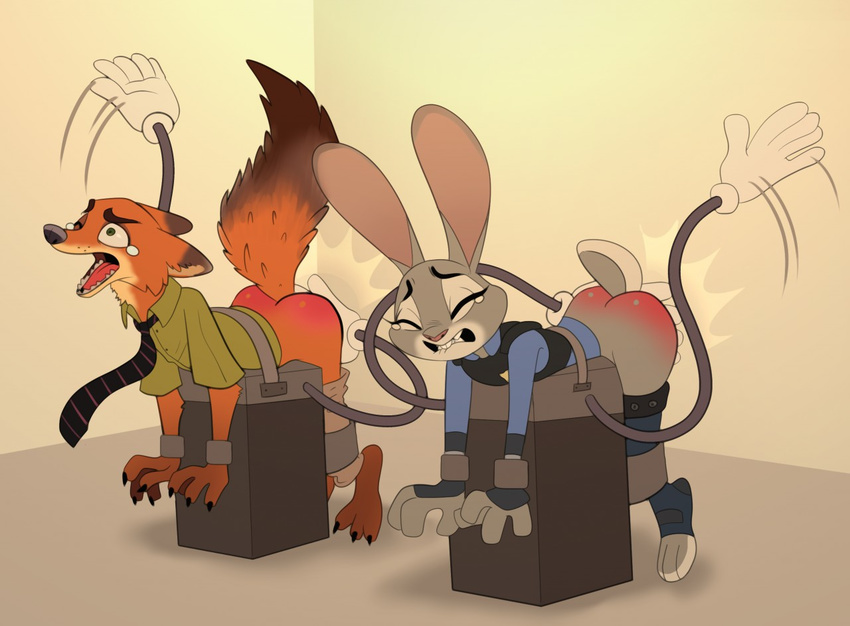 2017 anthro barefoot bent_over biting_lip buckteeth butt canine claws clothed clothing dipstick_ears dipstick_tail disney duo eyes_closed female fox green_eyes inside judy_hopps lagomorph loulouvz male mammal multicolored_tail nick_wilde one_eye_closed pain pants_down partially_clothed rabbit restrained spanking spanking_machine tears teeth toe_claws yelling zootopia