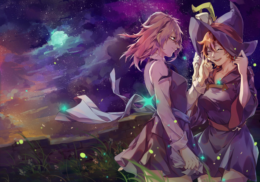 absurdres aqua_eyes blue_moon brick_wall brown_hair cloud cloudy_sky croix_meridies dress full_moon glasses happy hat highres kagari6496 little_witch_academia long_sleeves looking_at_another moon moonlight multiple_girls night night_sky outdoors petals pink_hair pleated_skirt purple_dress shiny_chariot shirt short_dress skirt sky sparkle standing star_(sky) starry_sky white_shirt wind witch_hat
