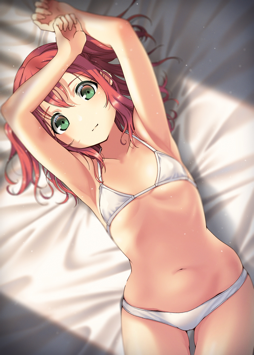 armpits arms_up bangs bed_sheet blank_stare blurry bra clenched_hands collarbone cowboy_shot depth_of_field flat_chest green_eyes halterneck highres kurosawa_ruby looking_at_viewer love_live! love_live!_sunshine!! lying meda navel nervous on_back panties red_hair solo stomach two_side_up underwear underwear_only white_bra white_panties