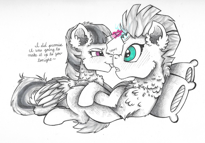 2017 blush boop broken_horn brownbush crossed_hooves dialogue drawing duo equine eyebrows eyelashes feathered_wings feathers female floof friendship_is_magic fur hair hi_res horn love lying magic mammal monochrome my_little_pony my_little_pony_the_movie open_mouth pencil_(artwork) pillow purple_eyes short_hair simple_background sitting teal_eyes teeth tempest_shadow_(mlp) text tongue tongue_out traditional_media_(artwork) twilight_sparkle_(mlp) unicorn white_background winged_unicorn wings