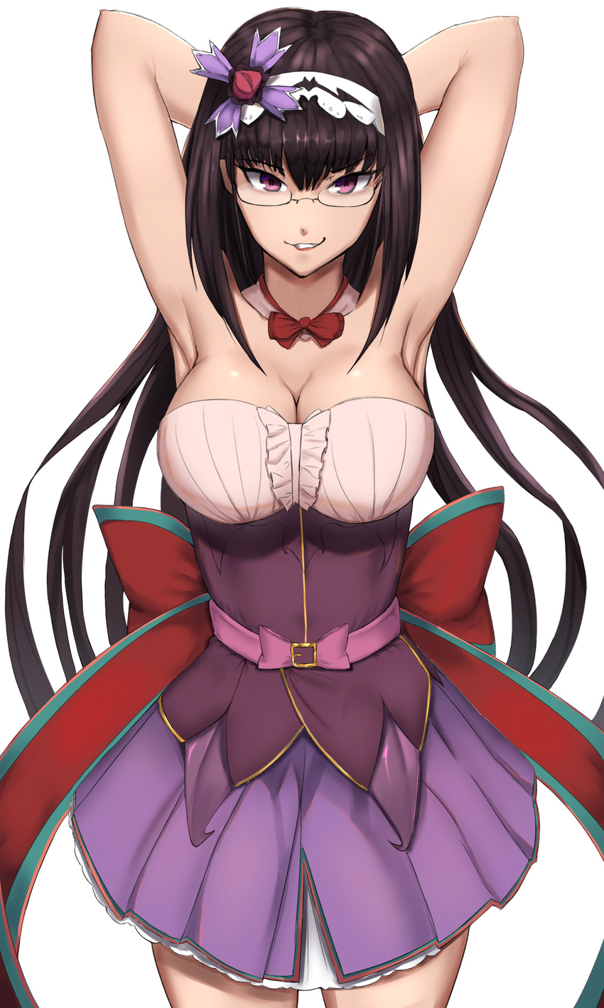 absurdres armpits arms_up belt black_hair blush bow breasts cleavage cowboy_shot detached_collar fate/grand_order fate_(series) glasses hairband highres japanese_clothes large_breasts long_hair looking_at_viewer osakabe-hime_(fate/grand_order) parted_lips plottersky purple_eyes semi-rimless_eyewear simple_background sketch skirt solo very_long_hair white_background