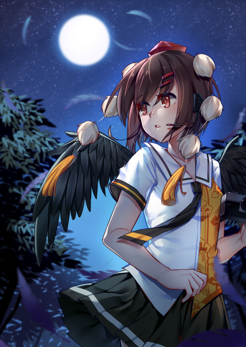 absurdres aer_(tengqiu) bangs bare_arms black_neckwear black_skirt black_wings brown_hair feathered_wings feathers full_moon hair_ornament hairclip hat highres looking_to_the_side miniskirt moon necktie night night_sky outdoors parted_lips pleated_skirt pom_pom_(clothes) red_eyes shameimaru_aya shirt skirt sky solo star_(sky) starry_sky tassel tokin_hat touhou tree white_shirt wings