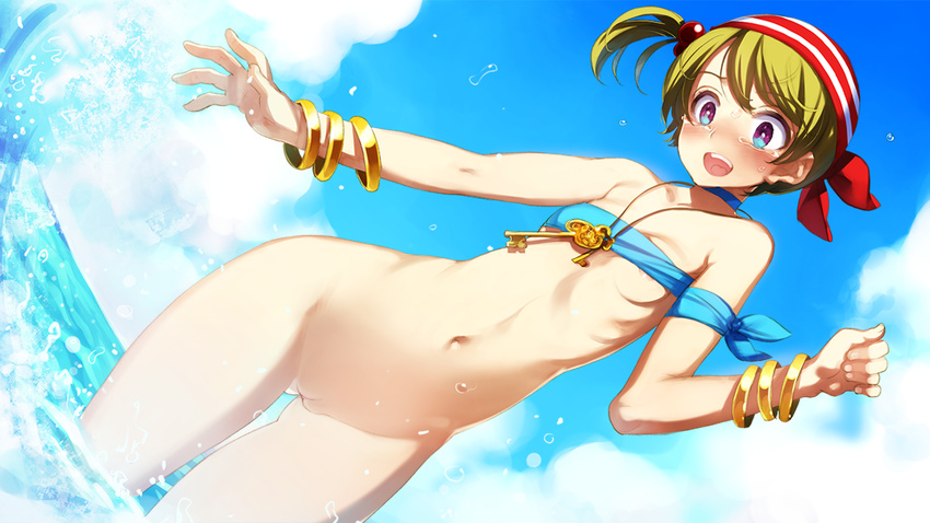 1girl :d areola_slip areolae bandanna bangle beach bikini_top billy_the_kid_(eiyuu_senki) blue_sky blush bottomless bracelet cloud day decensored dutch_angle eiyuu_senki embarrassed eyebrows_visible_through_hair game_cg gluteal_fold jewelry key looking_at_viewer navel ooyari_ashito open_mouth outdoors photoshop pussy sky smile solo standing stomach tears uncensored wardrobe_malfunction water