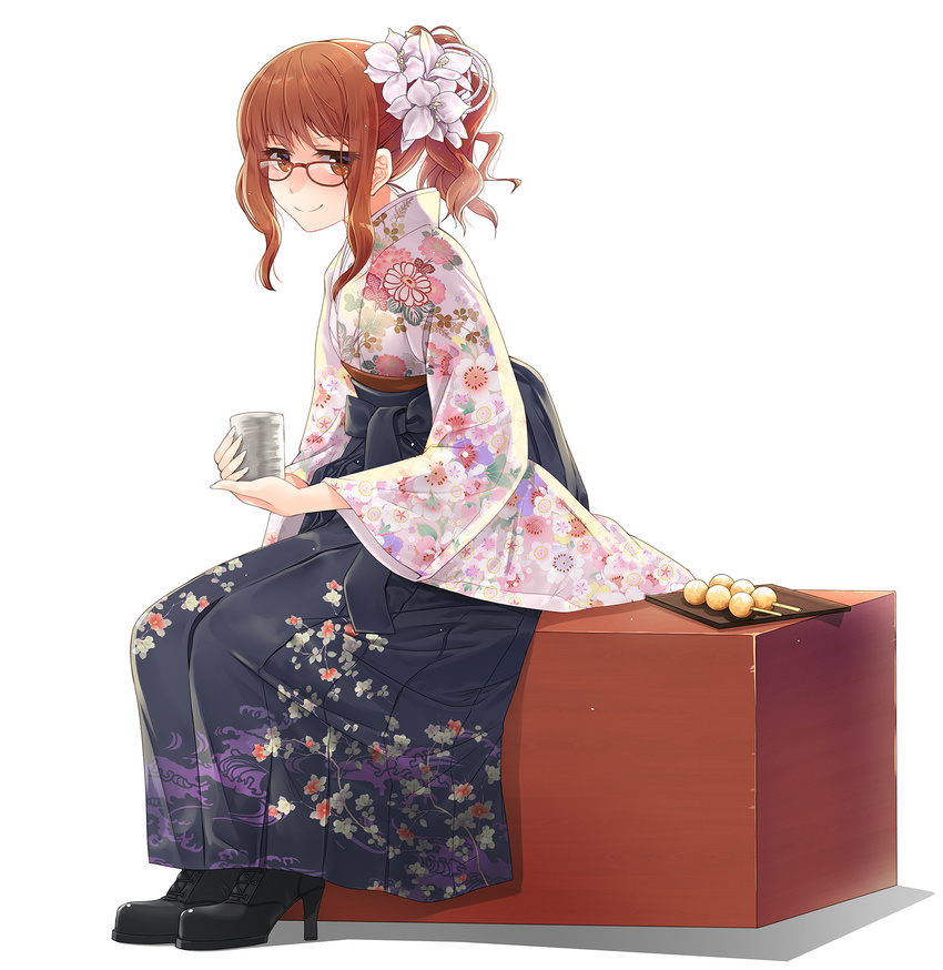 black_footwear boots brown_eyes brown_hair commentary cross-laced_footwear cube cup curly_hair dango drinking_glass eyebrows_visible_through_hair floral_print flower food from_side full_body glasses hair_flower hair_ornament hakama high_heels highres holding holding_cup hunched_over japanese_clothes jitome kanzashi kazu kikuko_(kazu) kimono lace-up_boots light_blush looking_at_viewer obi original ponytail red-framed_eyewear sash sidelocks simple_background sitting skewer smile solo tray wagashi white_background wide_sleeves