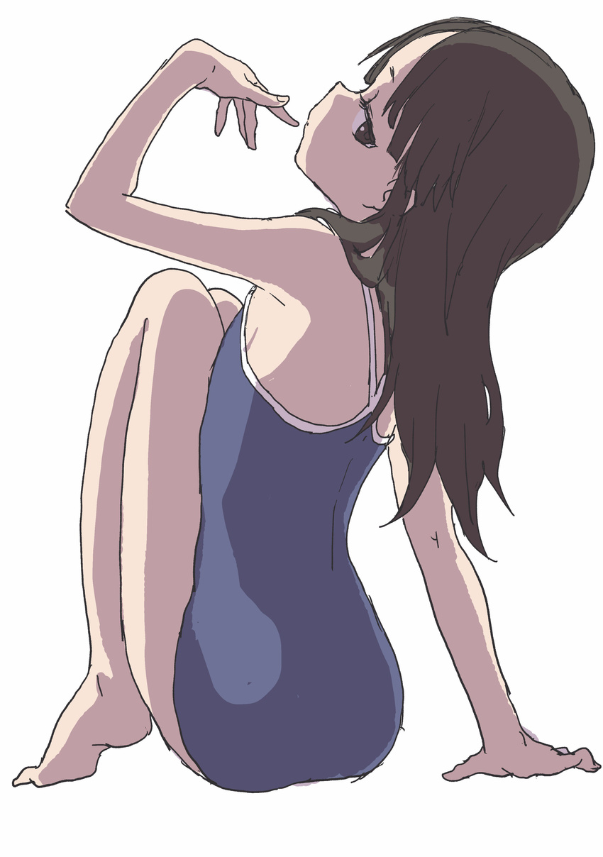 absurdres arm_support bare_arms bare_legs bare_shoulders barefoot blue_swimsuit brown_eyes brown_hair closed_mouth competition_school_swimsuit from_behind from_side hand_up highres legs_together long_hair looking_at_viewer looking_back one-piece_swimsuit profile school_swimsuit sitting sketch solo swimsuit yamamoto_souichirou