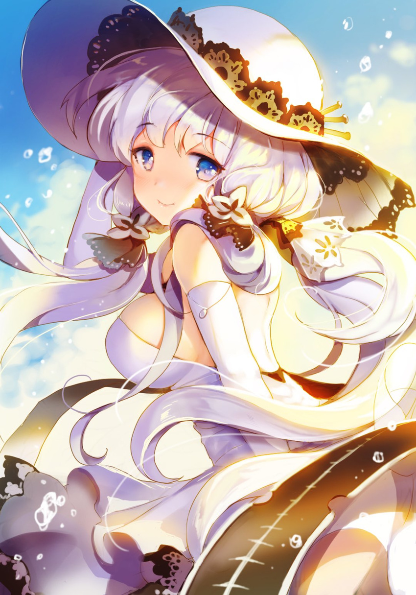 azur_lane bangs bare_shoulders blue_eyes blue_sky breasts closed_mouth cloud cloudy_sky day dress elbow_gloves flight_deck from_behind gloves hat highres illustrious_(azur_lane) large_breasts long_hair looking_at_viewer looking_back machinery outdoors purple_hair sibyl sky smile solo standing sun_hat very_long_hair water_drop white_dress white_gloves