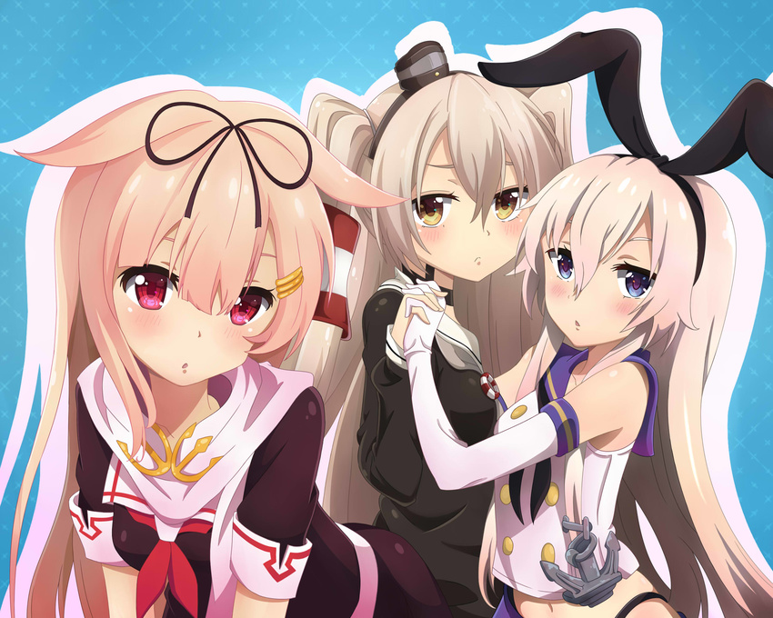 amatsukaze_(kantai_collection) black_ribbon blonde_hair blue_eyes blush breasts brown_eyes closed_mouth elbow_gloves eyebrows gloves hair_ribbon highres holding_hands kantai_collection kukie-nyan long_hair looking_at_viewer medium_breasts multiple_girls parted_lips red_eyes red_neckwear remodel_(kantai_collection) ribbon shimakaze_(kantai_collection) white_gloves yuudachi_(kantai_collection)
