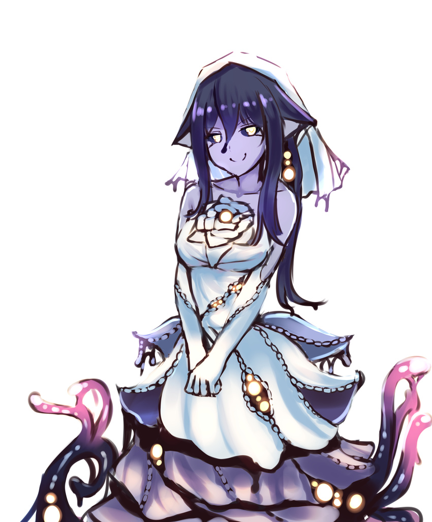 absurdres bangs closed_mouth commission cowboy_shot dress elbow_gloves eldritch_abomination extra_eyes gloves goo_girl hair_between_eyes hexunart highres long_hair looking_at_viewer monster_girl monster_girl_encyclopedia purple_hair purple_skin shoggoth_(monster_girl_encyclopedia) simple_background smile solo standing tentacles v-shaped_eyebrows v_arms veil wedding_dress white_background white_dress white_gloves yellow_eyes