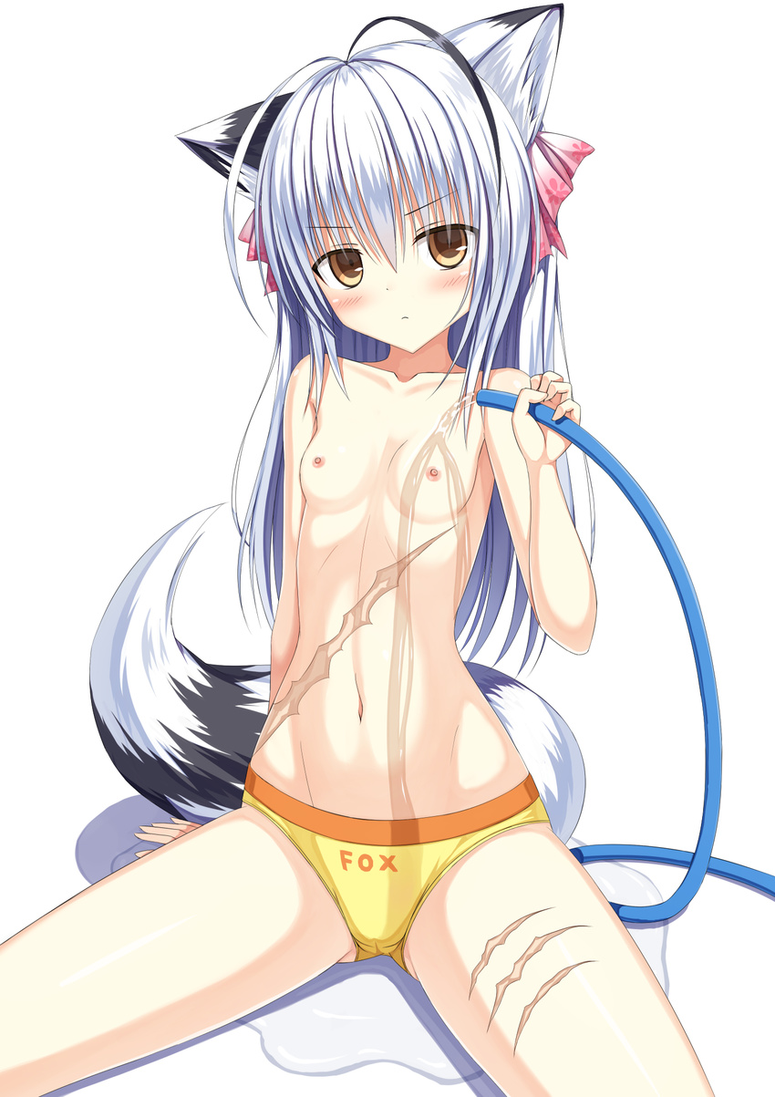 animal_ears arm_support bangs blush breasts brown_eyes closed_mouth clothes_writing commentary_request eyebrows_visible_through_hair floral_print hair_between_eyes hair_ribbon head_tilt highres hose injury kurimu_(crim_soda) long_hair navel nipples original panties pink_ribbon print_ribbon ribbon scar silver_hair simple_background sitting small_breasts solo spread_legs tail topless underwear underwear_only water wet white_background yellow_panties