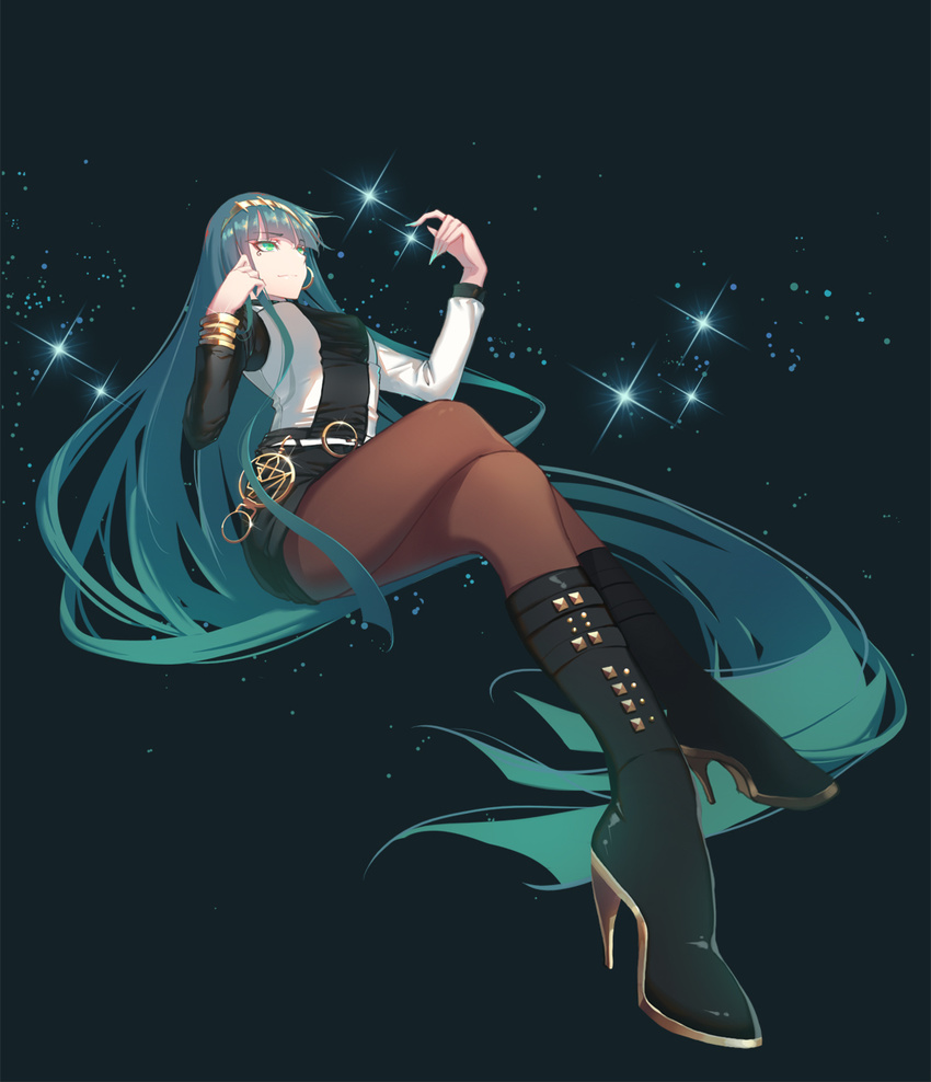 absurdly_long_hair bangs boots bracelet cleopatra_(fate/grand_order) closed_mouth commentary_request crossed_legs earrings fate/grand_order fate_(series) fingernails full_body green_eyes green_hair green_nails hairband high_heel_boots high_heels highres hoop_earrings invisible_chair jewelry long_fingernails long_hair nail_polish pantyhose shorts sitting solo sparkle very_long_hair xion32
