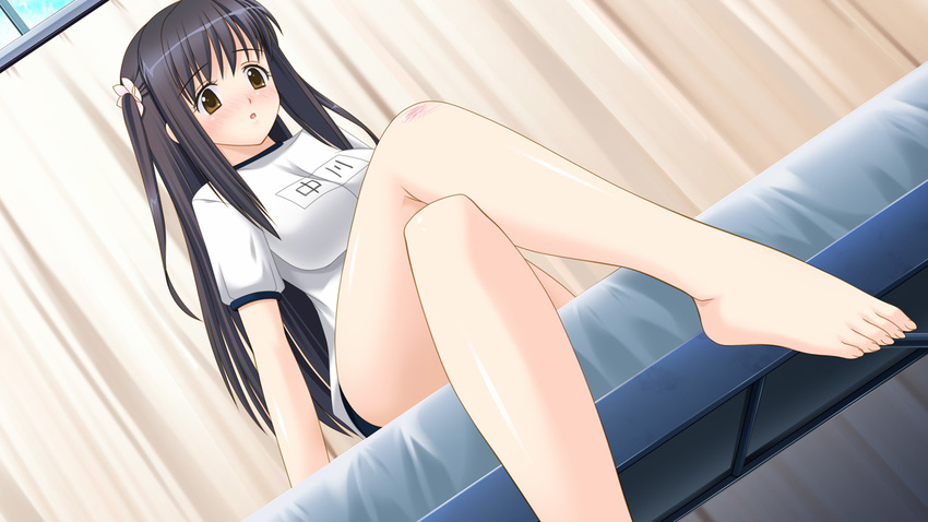 1girl barefoot blush breasts brown_eyes feet gym_uniform large_breasts legs_crossed long_hair parted_lips pov sitting toes