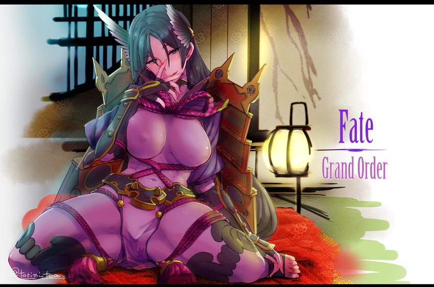 black_hair bodysuit breasts commentary_request covered_navel covered_nipples fate/grand_order fate_(series) fingerless_gloves gloves hand_on_own_face large_breasts long_hair minamoto_no_raikou_(fate/grand_order) purple_eyes rope sitting solo torichamaru very_long_hair wariza