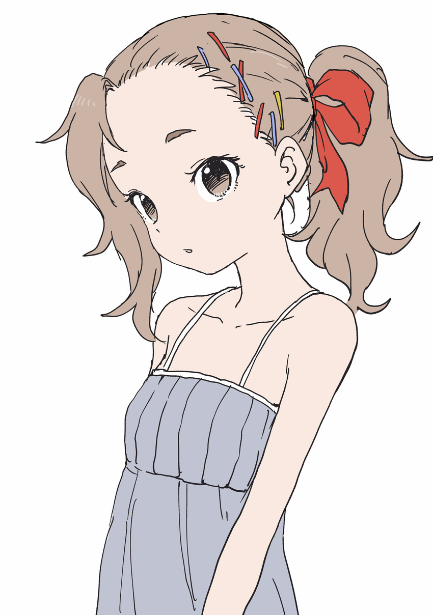 :o absurdres asymmetrical_hair bare_arms bare_shoulders blue_dress breasts brown_eyes brown_hair dress forehead hair_ornament hair_ribbon hairclip highres looking_at_viewer parted_lips ponytail red_ribbon ribbon simple_background small_breasts solo spaghetti_strap upper_body white_background x_hair_ornament yamamoto_souichirou