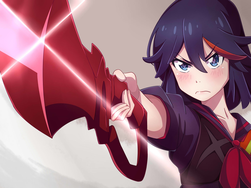 &gt;:( black_hair blue_eyes blush closed_mouth collarbone eyebrows_visible_through_hair heart heart-shaped_pupils highres holding holding_sword holding_weapon kill_la_kill kukie-nyan looking_at_viewer matoi_ryuuko multicolored_hair red_hair school_uniform scissor_blade senketsu serafuku short_hair solo sword symbol-shaped_pupils two-tone_hair v-shaped_eyebrows weapon